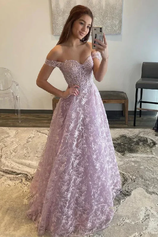 Lilac A-Line Off Shoulder Lace Long Prom Dress Formal Evening Dress,DP1421 Tiered Lace Dress