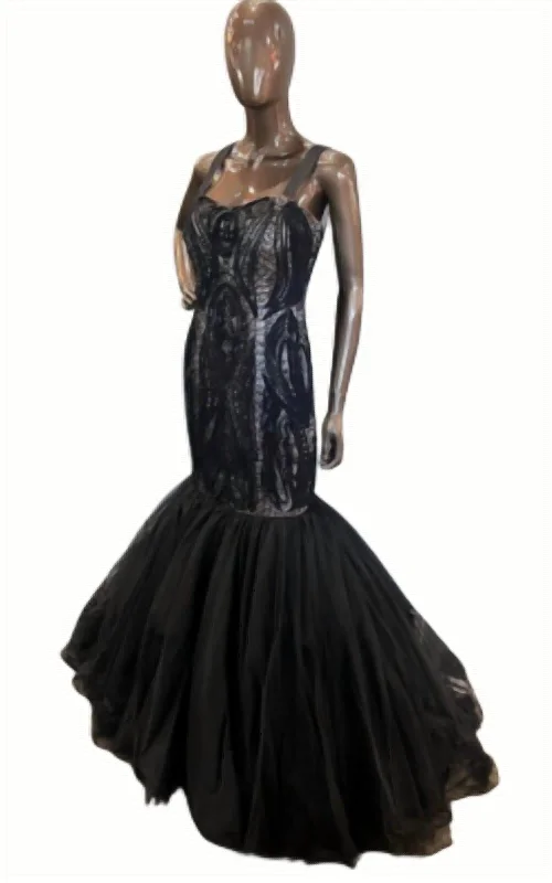 Lm Collection Lace Mermaid Gown In Black/nude Black Lace Dress