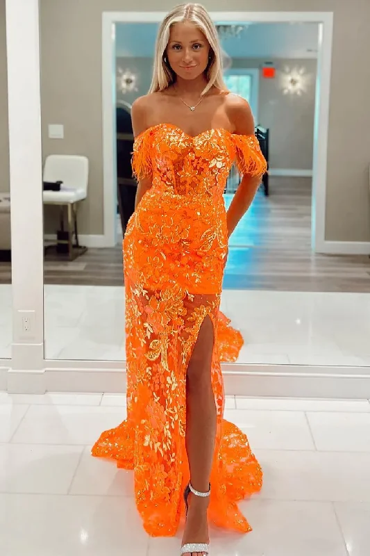 Orange Off The Shoulder Lace Appliques Long Prom Dress with Feathers,DP1346 Lace Dress Lookbook