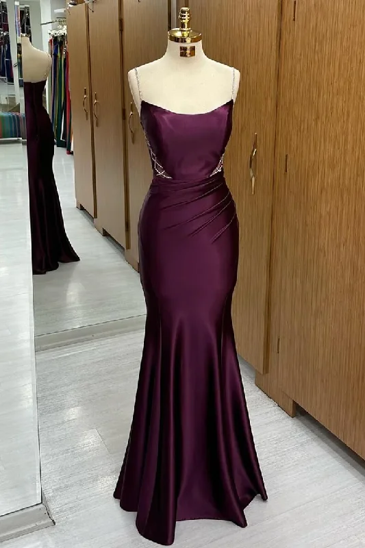 Plum Scoop Neck Lace-Up Mermaid Long Formal Dress,DP1317 Lace Evening Gown