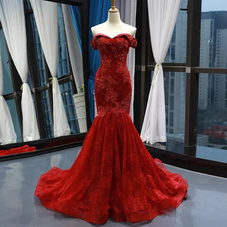 Red Off Shoulder Embroidery Appliques Lace Mermaid Formal Evening Dress,DP1480 Lace Shift Dress