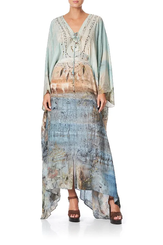 SPLIT HEM LACE UP KAFTAN COUNTRY DIARIES Ruffled Lace Dress